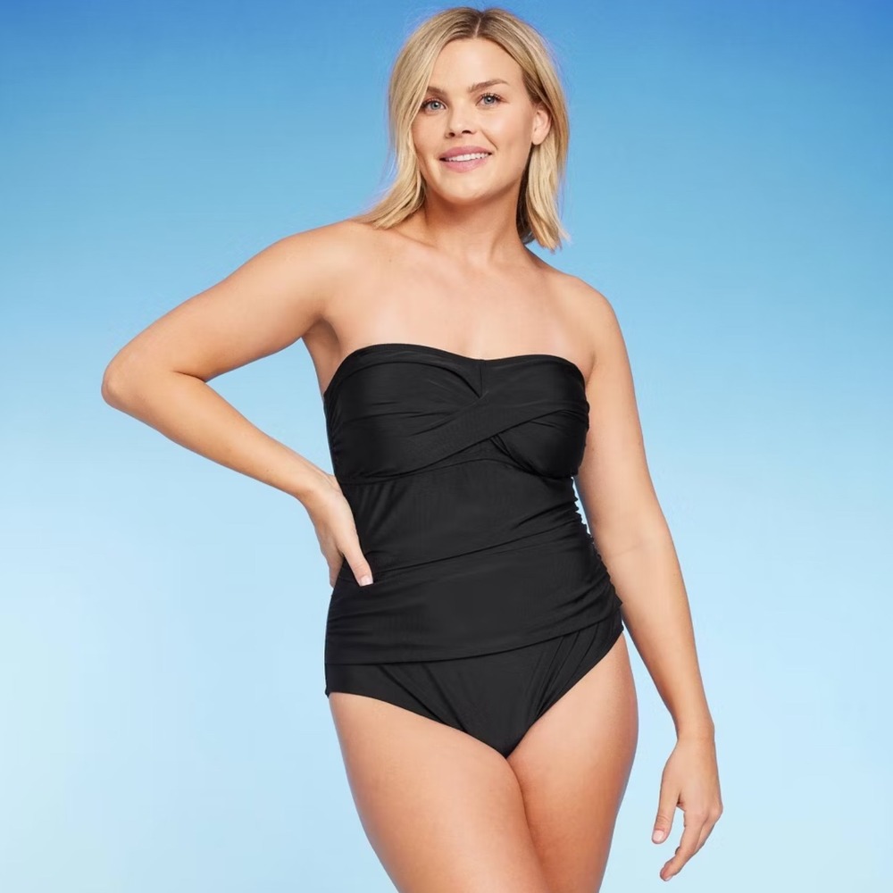 Black Swimsuit One Piece Strapless Ruched Swimwear‎ L